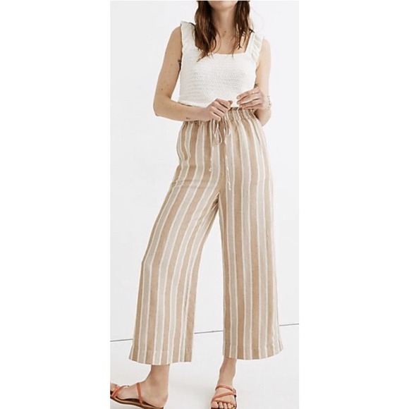 Madewell Pants - MADEWELL Smocked Huston Pull-On Crop Pants in Stripe Linen Blend XXS